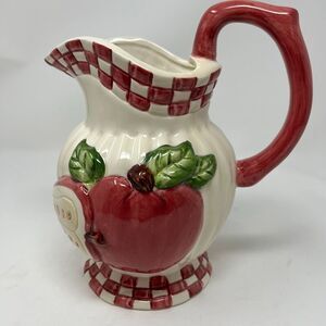 Vintage 1996 CRACKER BARREL Pitcher Red White Apple Ceramic Cottage Country